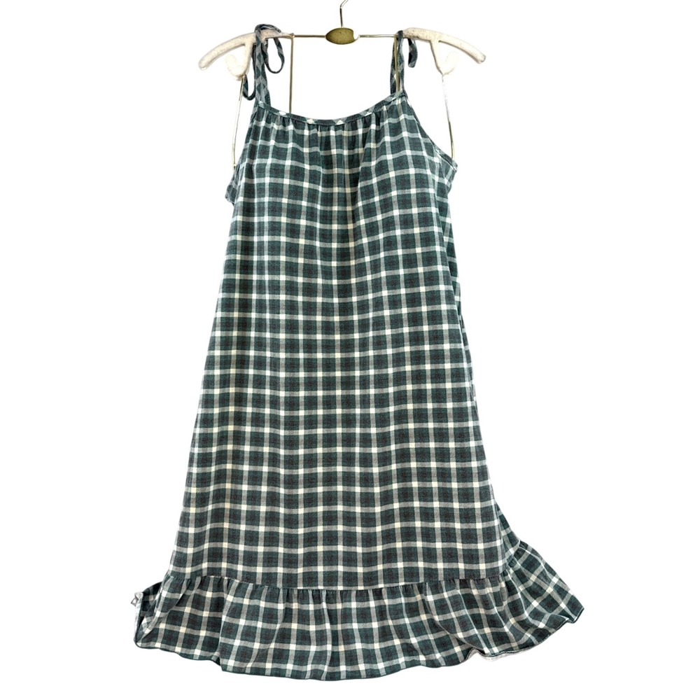 Green Gingham Plaid Ruffle Hem Tie Shoulder Cotton Mini Dress Size M